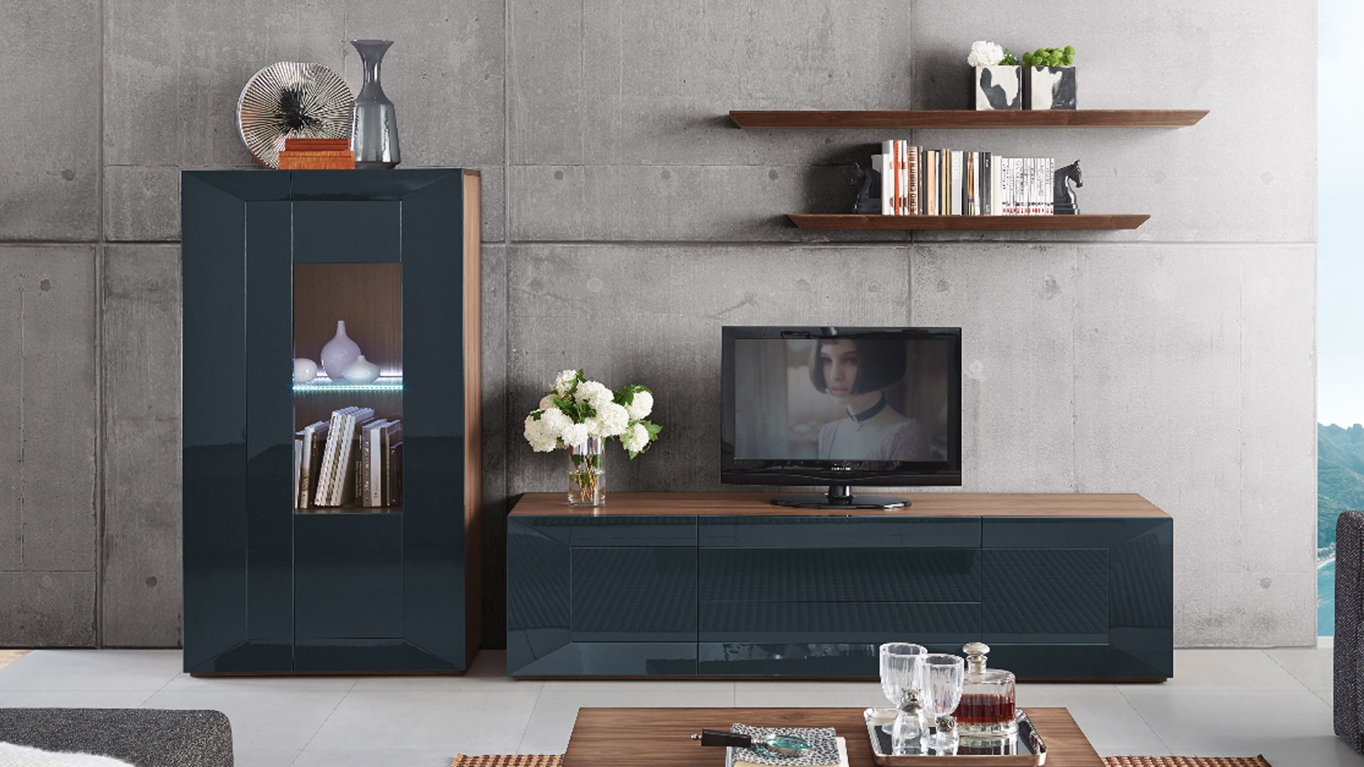VIGO modular furniture - A stylish living room with matching TV cabinet, display case, shelves and coffee table