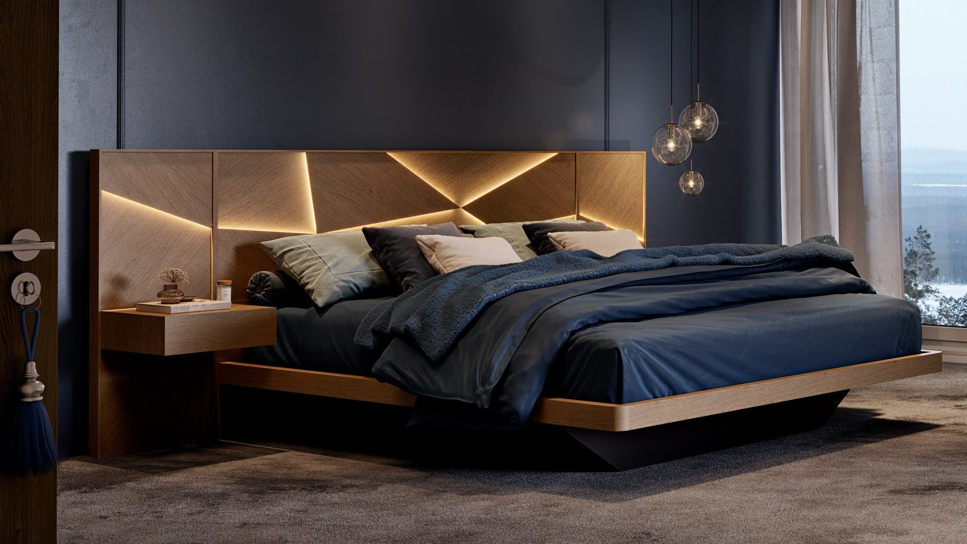 ECLIPSE bed - bed with adjoining bedside tables. Structured headboard with large backlit scales