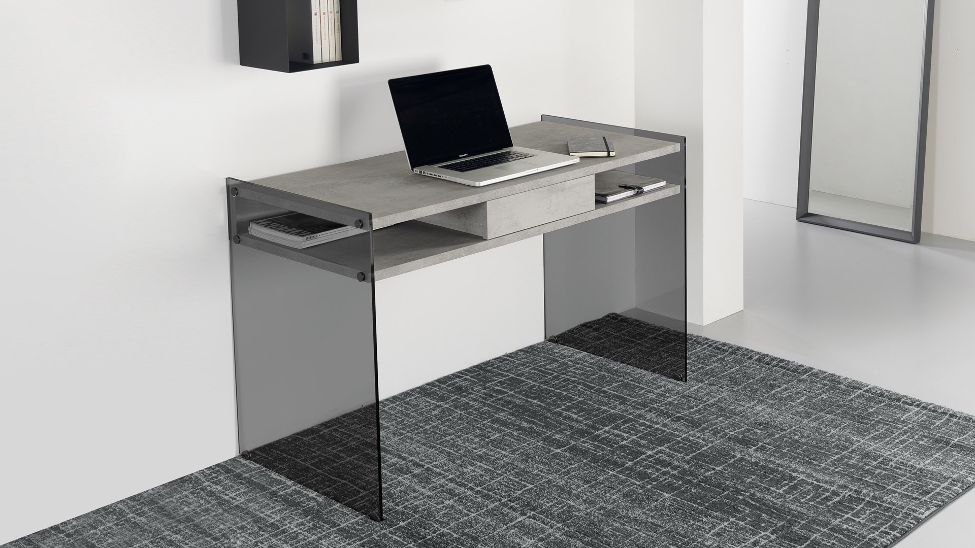 SPACE desk - Minimalist workspace design. Push-pull drawer and smoked glass base