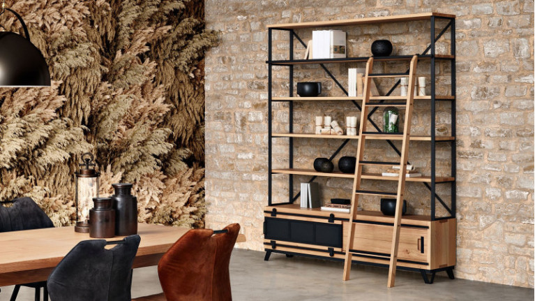 Bibliothèque en bois pour meuble TV FABRIQUE - Un style industriel associant le métal et les matériaux naturels. Disponible dans