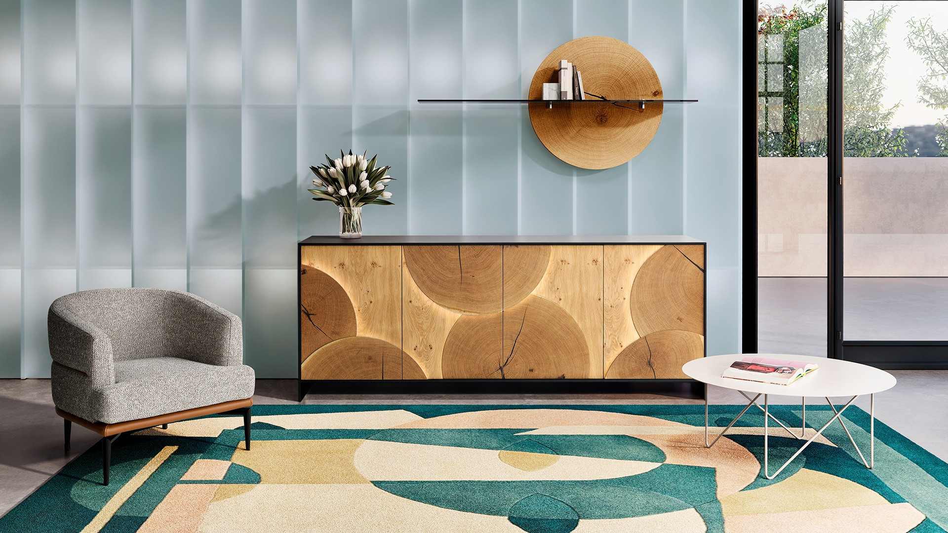 High-quality EQUINOXE 4-door wooden sideboard with light integrated into the fronts.