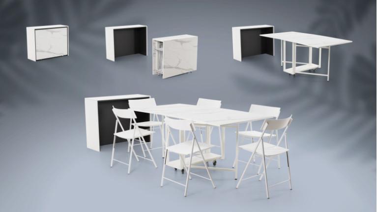 Console with folding table + 6 ARCHIMEDE I space-saving chairs