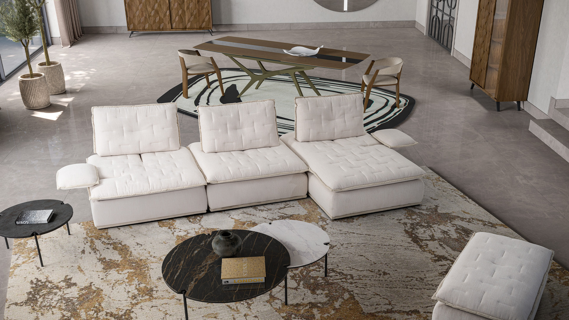 Canapé d'angle modulable en tissu blanc OREO