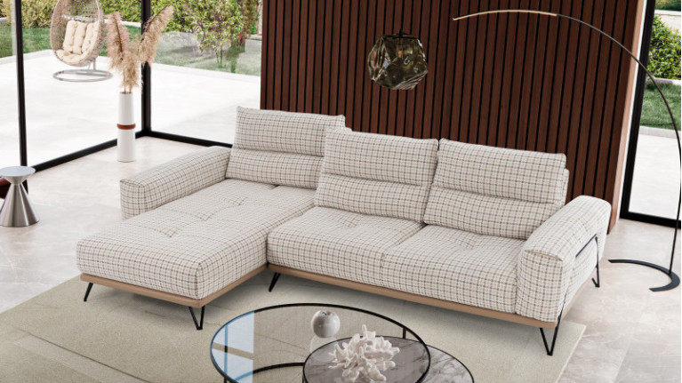 Canapé d'angle chaise longue en tissu italien exclusif au motif pied de poule
