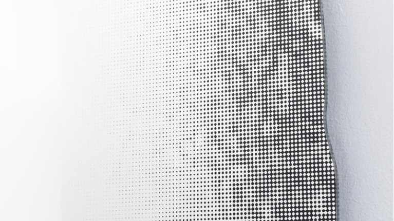 ROCCA I mirror Like in relief. Water-jet cut-out and screen-printed decoration