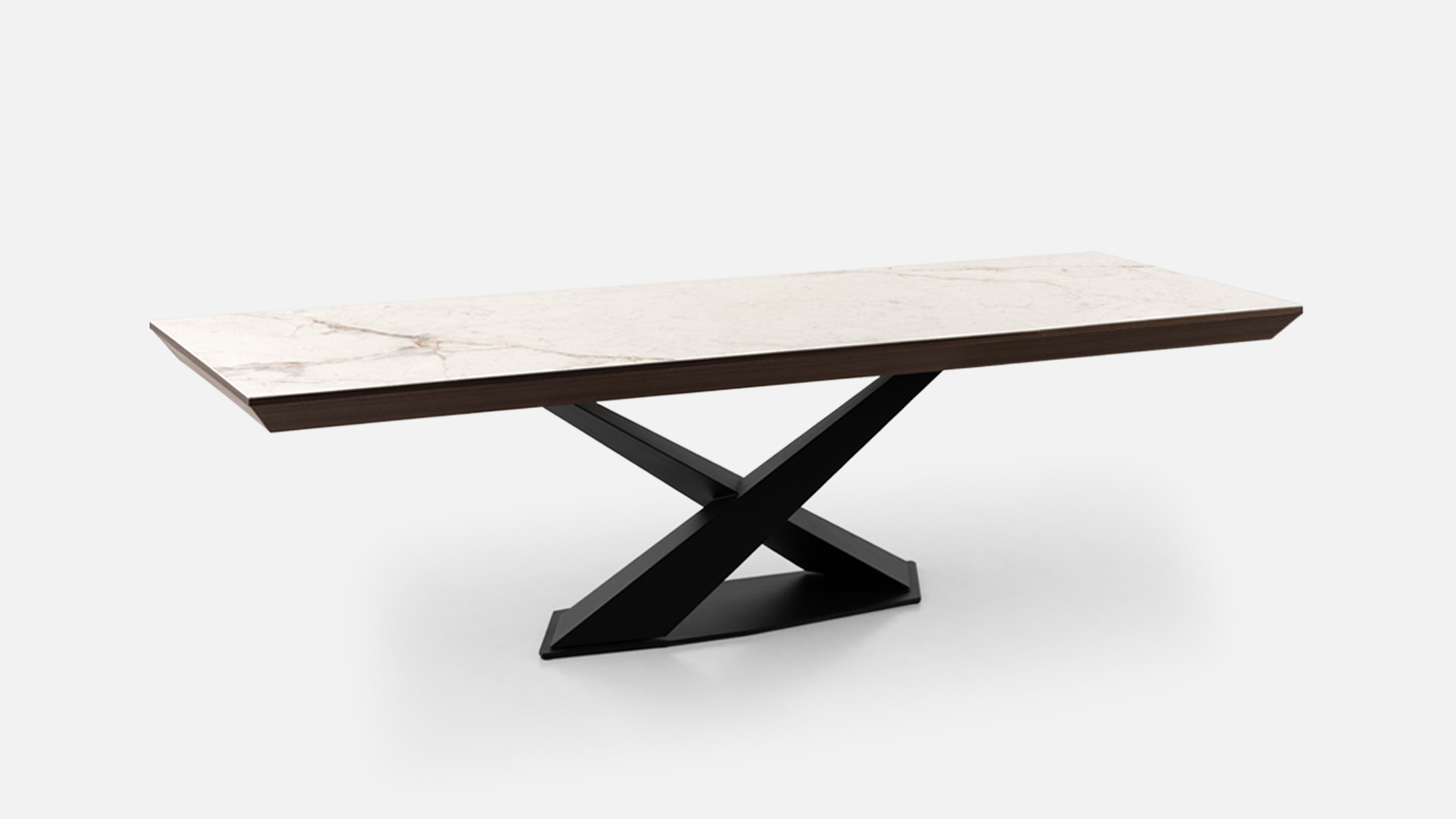 ECLIPSE white marbled ceramic extendable dining table, customizable base.