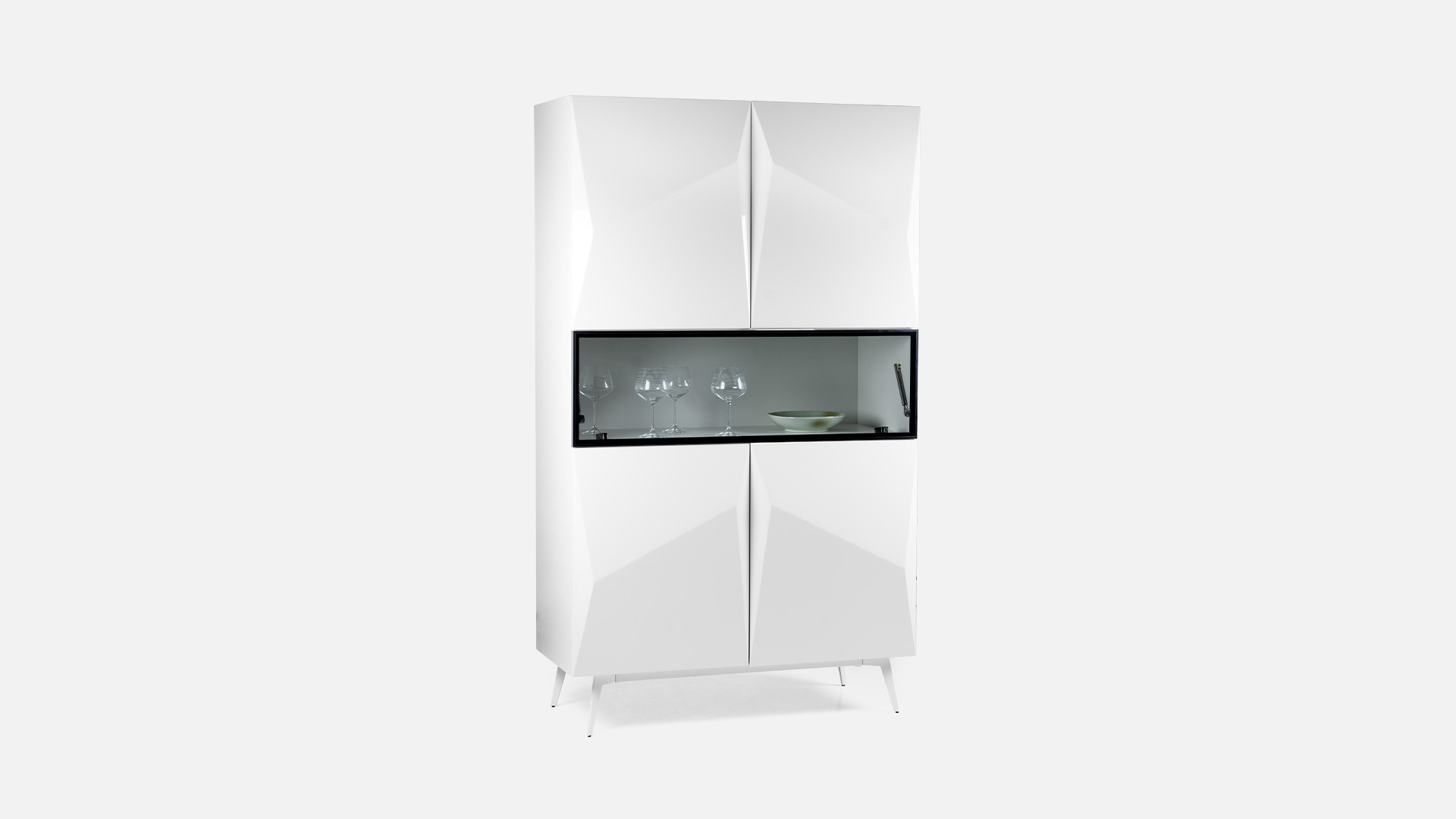 Display case with niche and storage in high-gloss white lacquer ORIGAMI