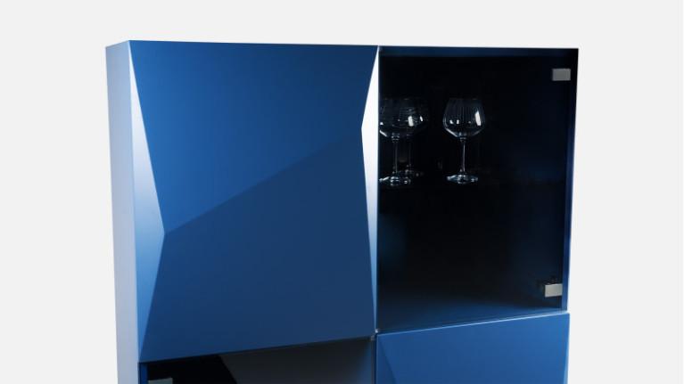Tall unit in blue matte lacquer ORIGAMI | Minimalist design