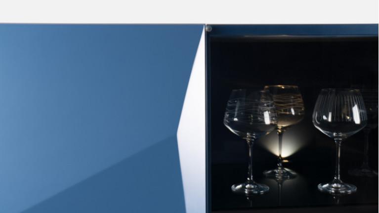 Tall unit in blue matte lacquer ORIGAMI | Minimalist design