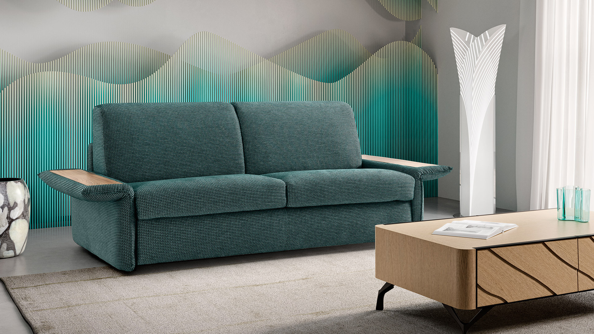 Sofa bed NAPPY - 3-seater sofa bed with 90° reclining armrests, pillow and storage compartments.
