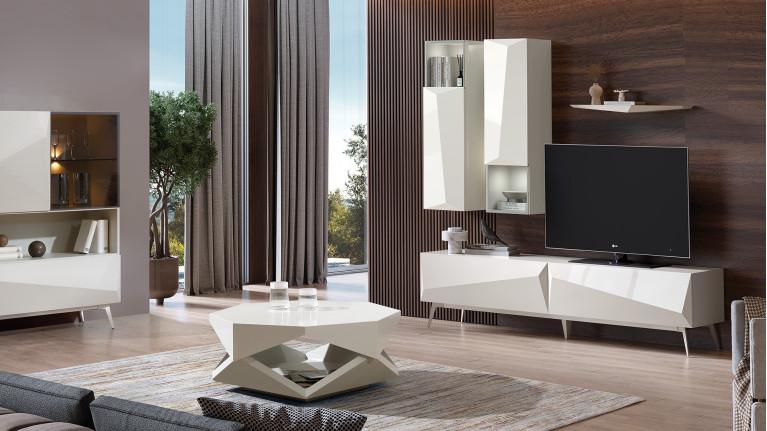 White lacquered TV stand with 2 doors in Japandi design, ORIGAMI