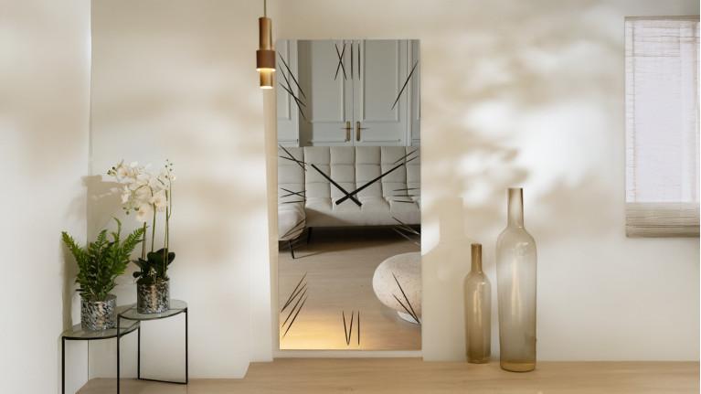 Large wall mirror with designer clock, LED lighting, ALGEDI