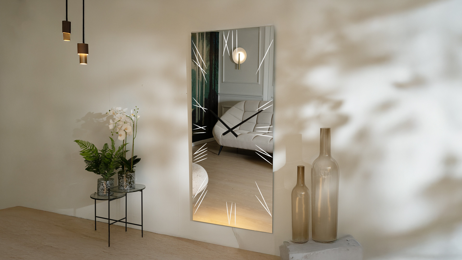 Large wall mirror with designer clock, LED lighting, ALGEDI