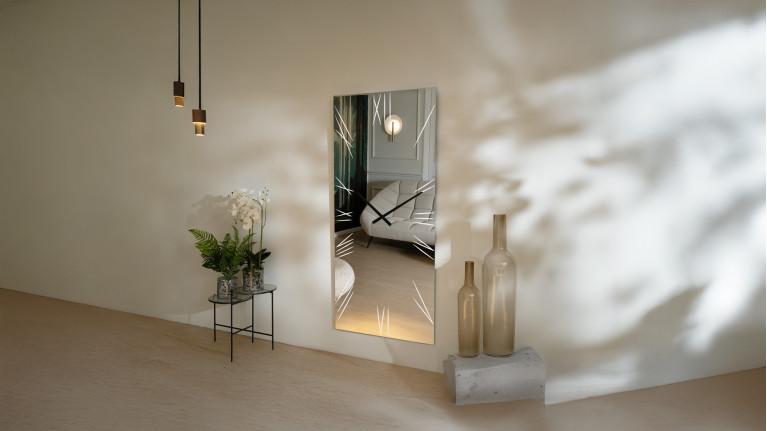 Large wall mirror with designer clock, LED lighting, ALGEDI