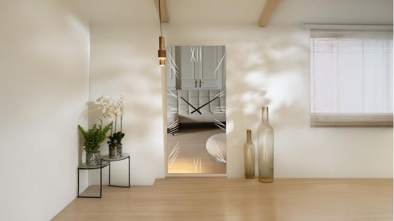 Large wall mirror with designer clock, LED lighting, ALGEDI