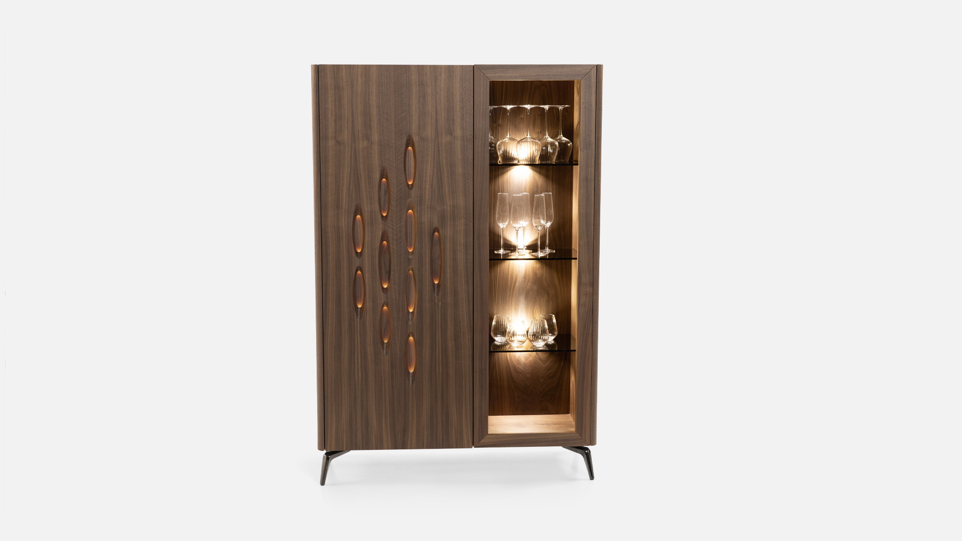 Vitrine OROS - Placage noyer naturel | Élégance sculptée et éclairage