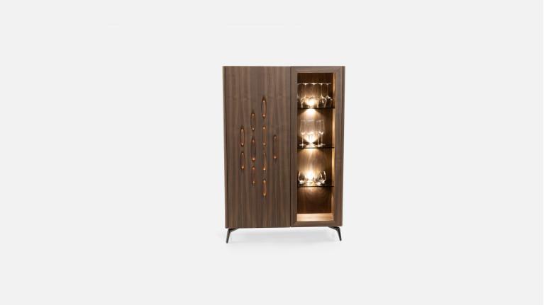 Vitrine OROS - Natural walnut veneer | Sculpted elegance and lighting