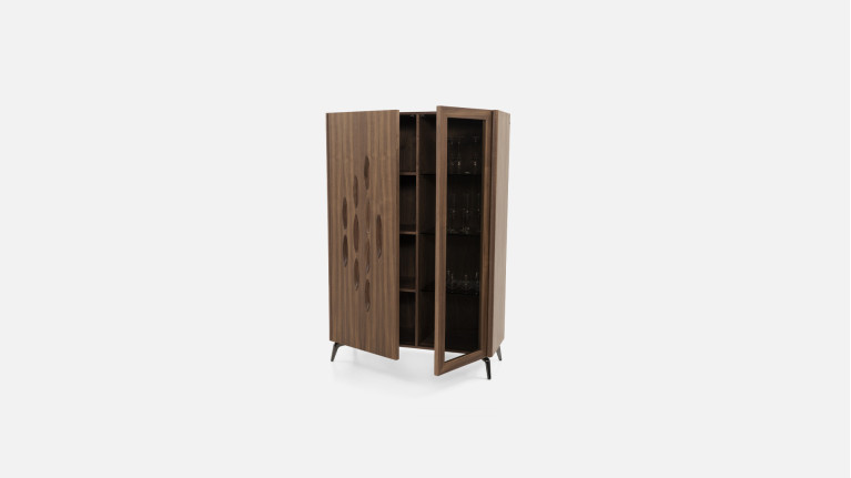 Vitrine OROS - Placage noyer naturel | Élégance sculptée et éclairage