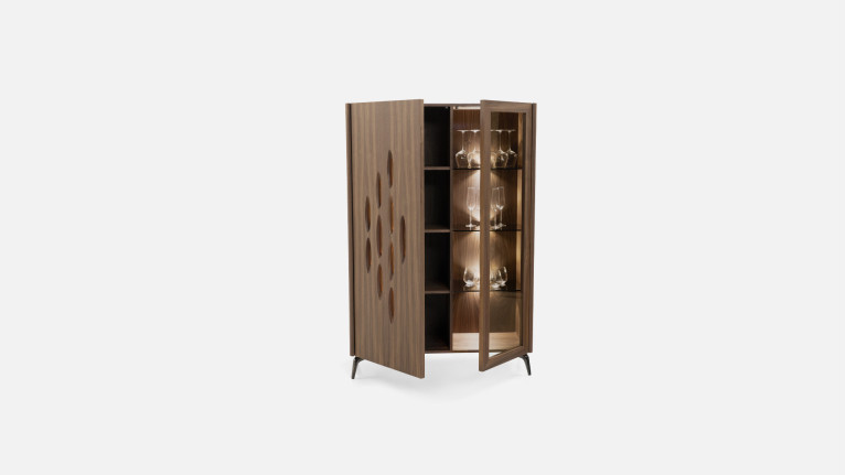 Vitrine OROS - Placage noyer naturel | Élégance sculptée et éclairage