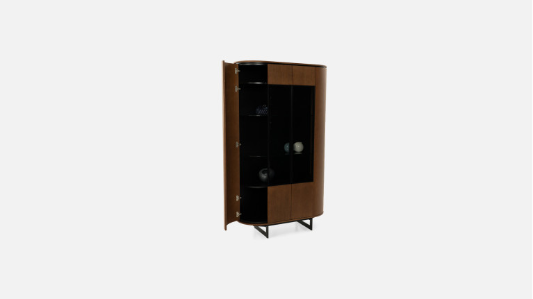 COSMOS walnut display case | Curved design and smoked glass doors