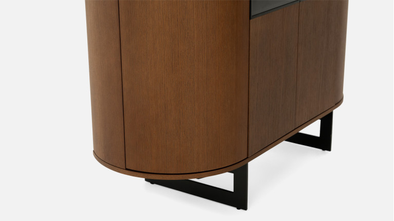 COSMOS walnut display case | Curved design and smoked glass doors