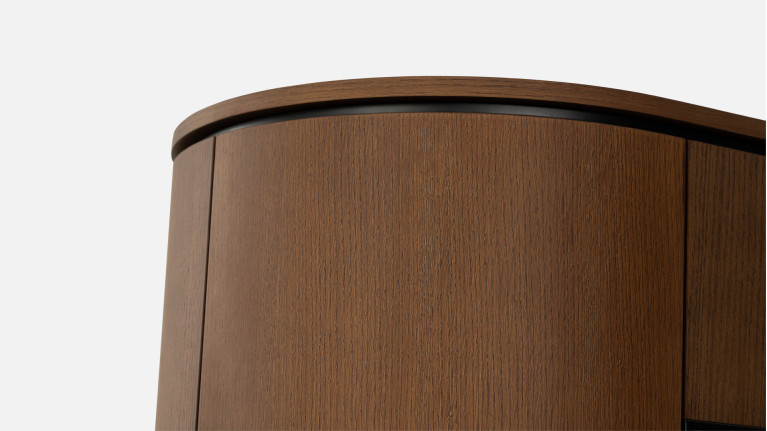 COSMOS walnut display case | Curved design and smoked glass doors