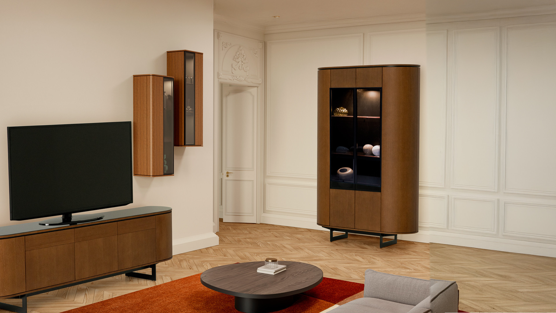 COSMOS walnut display case | Curved design and smoked glass doors
