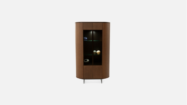 COSMOS walnut display case | Curved design and smoked glass doors