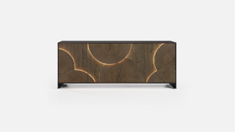 Buffet NEO EQUINOXE – Placage chêne, motifs rondins et éclairage LED