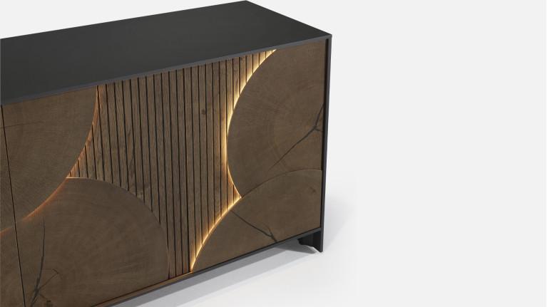 Buffet NEO EQUINOXE – Placage chêne, motifs rondins et éclairage LED