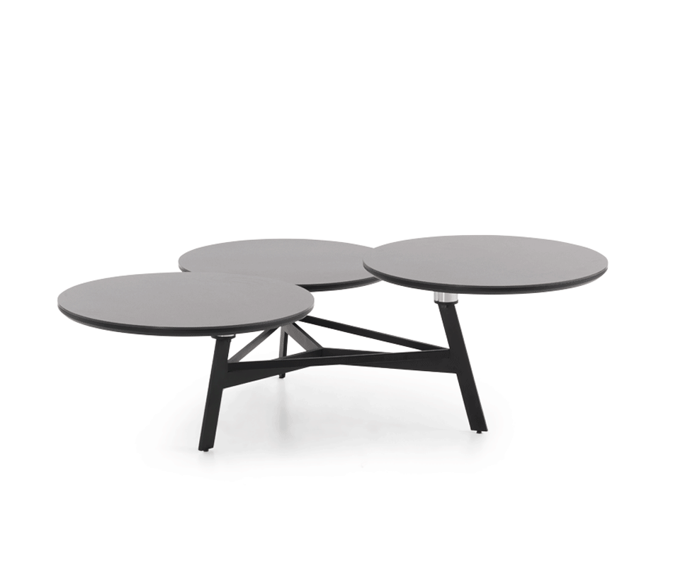 Table basse amovible DISKO - Trois plateaux ronds pivotants de qualité pour s'adapter à tous vos moments de vie