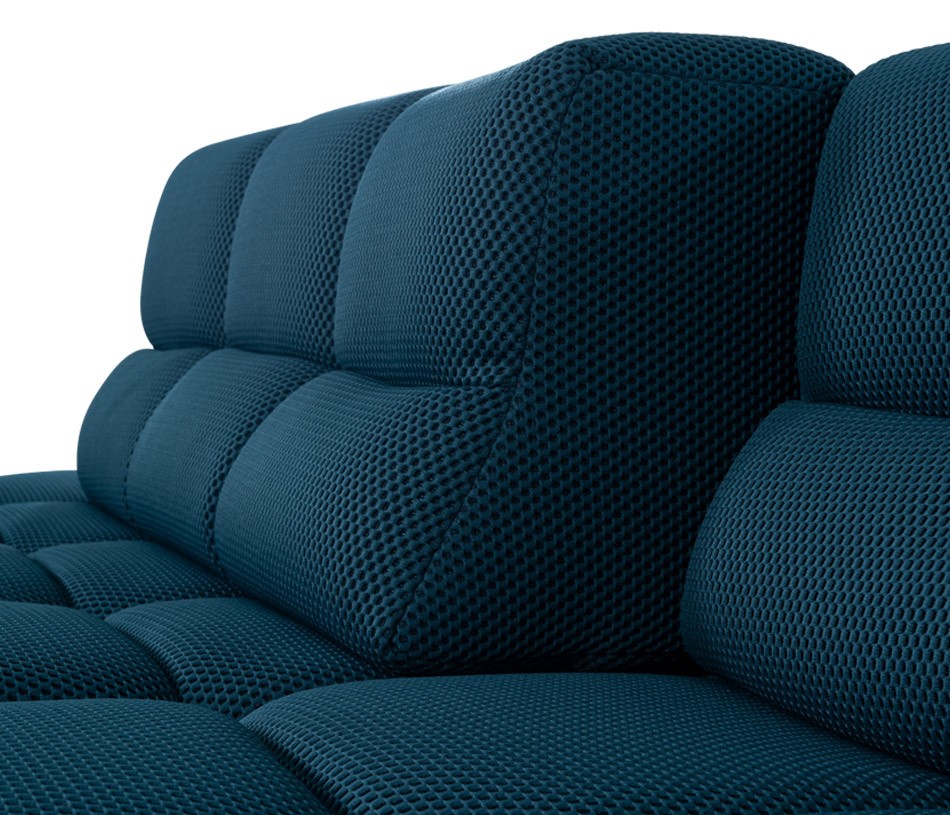 Canapé d\'angle modulable en tissu 3D bleu TEMPLE avec dossier avance-recule